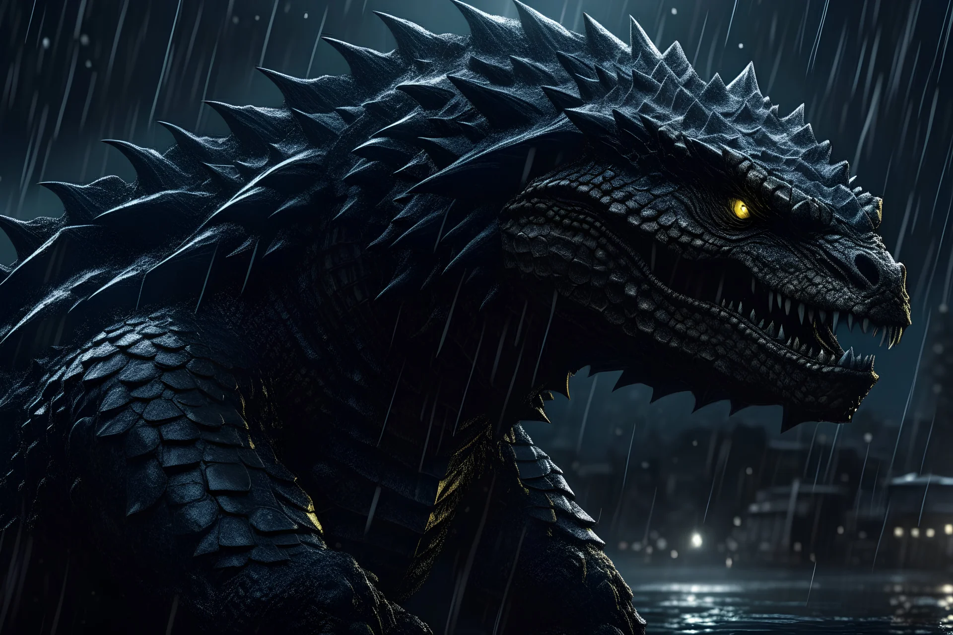 Gamera mixed with godzilla in 8k solo leveling shadow artstyle, machine them, close picture, rain, intricate details, highly detailed, high details, detailed portrait, masterpiece,ultra detailed, ultra quality