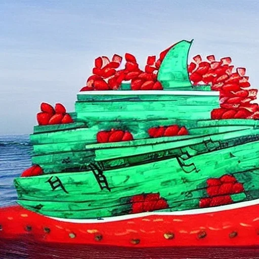 A ship made of watermelons on a rough sea