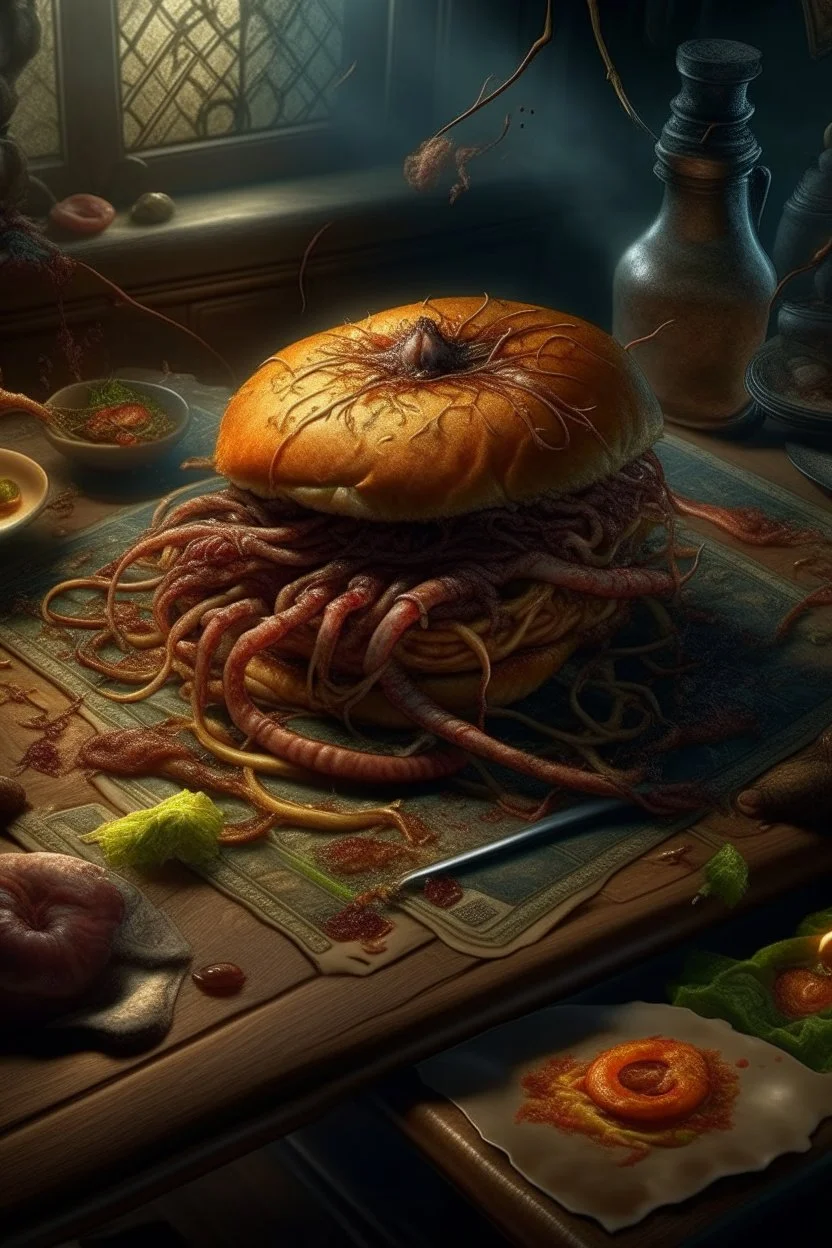 Bosch nightmares paint inf style Title: a hamburger sandwich on it a spiders , intricate insanely detailed octane render trending on artstation, 8k artistic photography, photorealistic concept art, soft natural volumetric cinematic perfect light, chiaroscuro, award-winning photograph, masterpiece, oil on canvas, Raphael, Caravaggio, Greg Rutkowski, people, beksinski, Giger