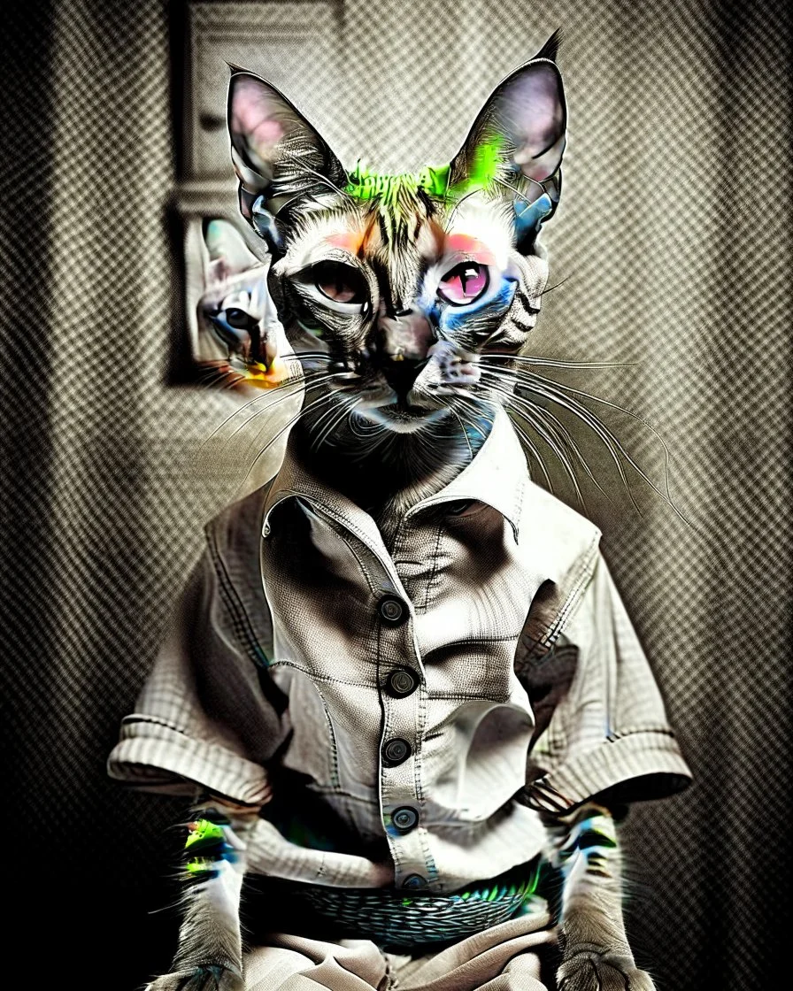 PROMPT: Surrealist portrait of a Oriental shorthair Siamese cat in a convicts outfit, layered multiple exposures of [POSE]. Each overlay is motion blurred and translucent. Monochrome palette, aged film grain and light scratches. A subtle glow softens the focus, evoking [MOOD]. Inspired by early analog photography experiments