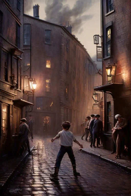 photorealistic painting of young boy fighting old boy, industrial era, 1800, night time, many people in background, diagon alley, glowing lights, reflections on ground, spots of fire