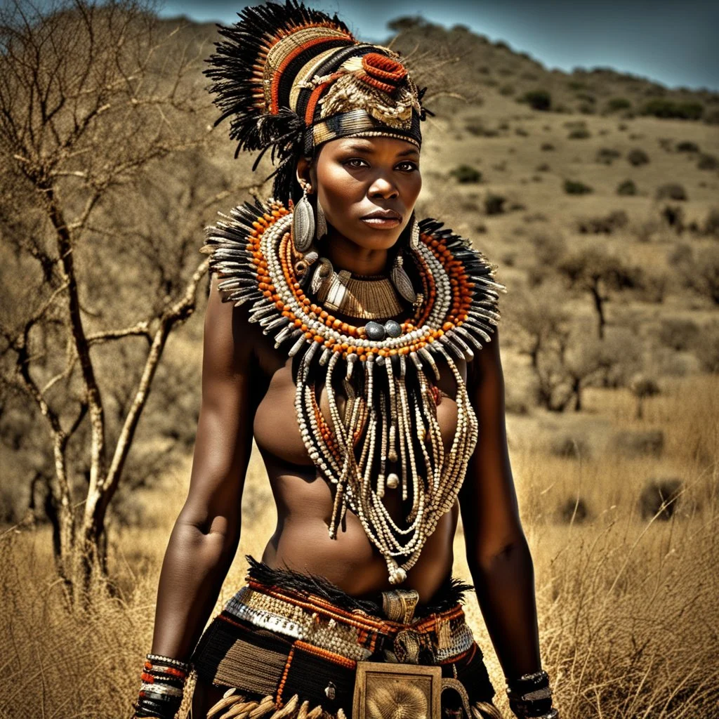 Behold the powerful alluring and pretty zulu woman, her body adorned with the traditional zulu costumes, HDR, beautifully shot, hyperrealistic, sharp focus, 64 megapixels, perfect composition, high contrast, cinematic, atmospheric, moody