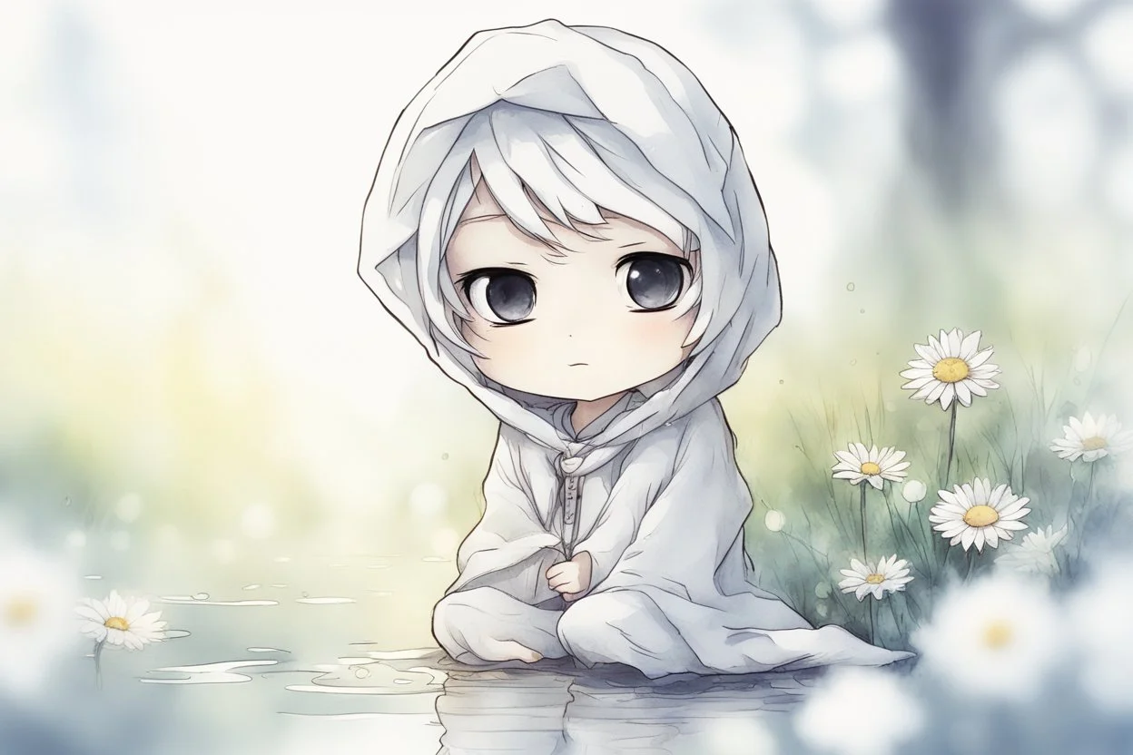 cute chibi anime sheikh, daisyfield, mist, melting watercolor and black ink outlines on wet paper, soft, shading strokes, in sunshine, ethereal, otherwordly, cinematic postprocessing, bokeh, dof