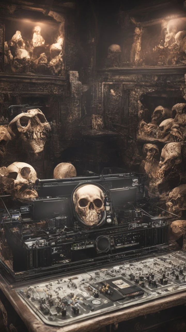 DJ of the damnded, insanely detailed DJ booth in hell, MID set, speakers and equipment made of bone, anatomically correct, add more skulls in th audience, photorealism, vray, 8k 3d https://stablecog.com/generate?o=a67b60e0-edd2-418d-9744-d1d585055d7f