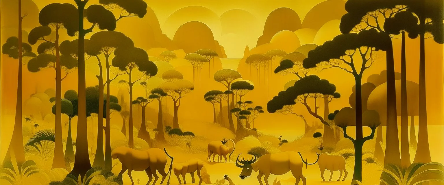 A golden yellow savanna with beasts designed in Mayan architecture painted by Lyonel Charles Feininger