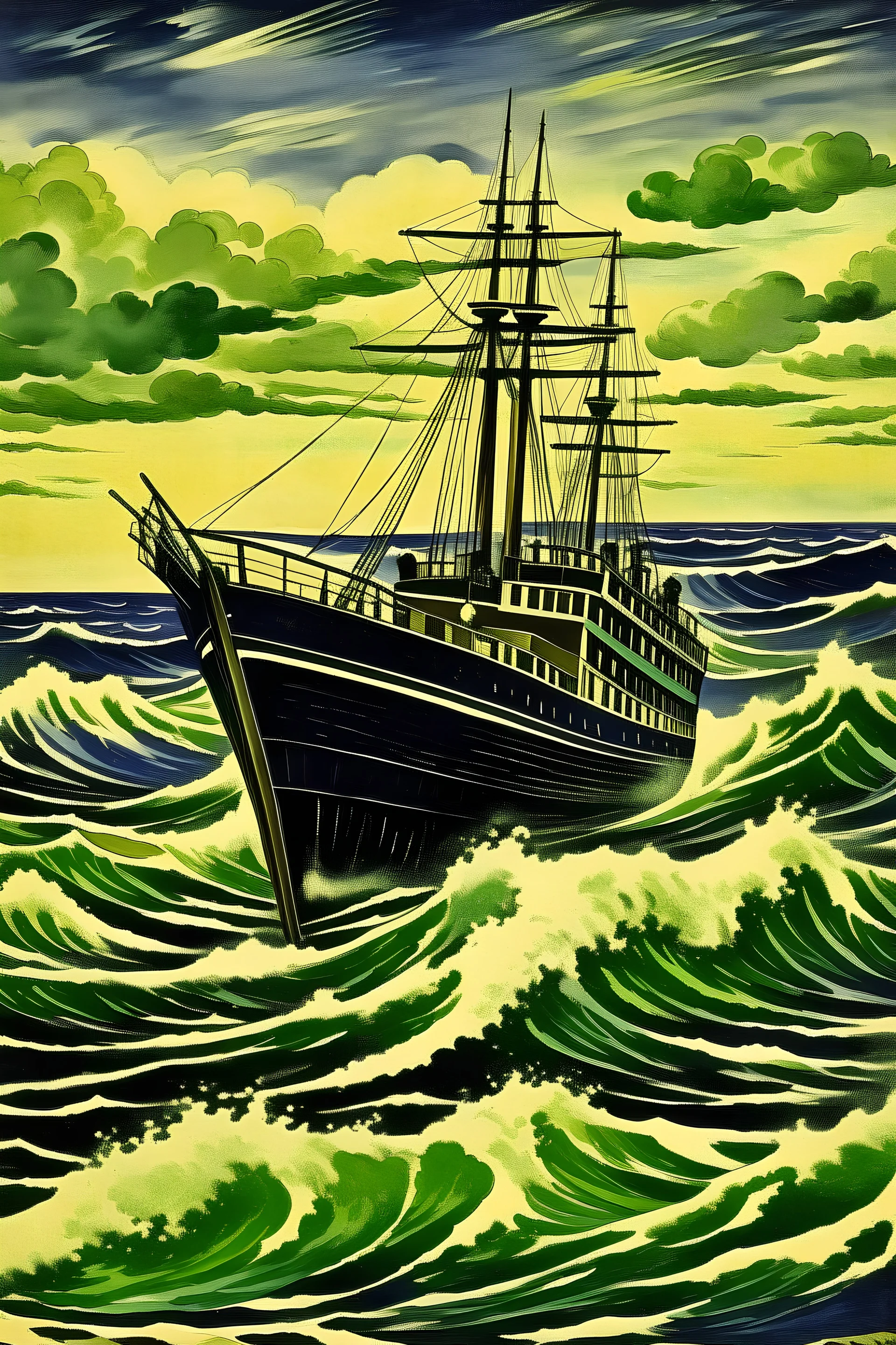 1925 big boat on the sea with medium waves (dark colours)