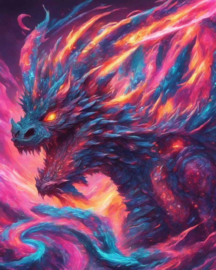 Close up shot, Dragon in a vibrant synthwave dreamscape, neon chaos swirling energetically around pixelated forms, a dynamic fusion of retro gaming nostalgia and futuristic abstraction