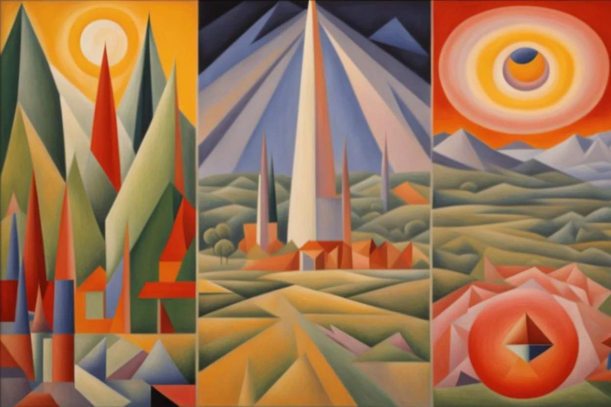 a landscape in futurism stye by artist "Gino Severini",by artist "Leonora Carrington",by artist "Mark Rothko"