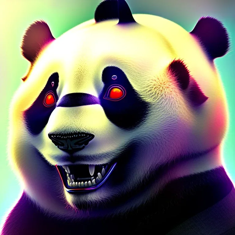 A beautiful portrait of a cyborg panda natural color scheme, high key lighting, volumetric light high details psychedelic background