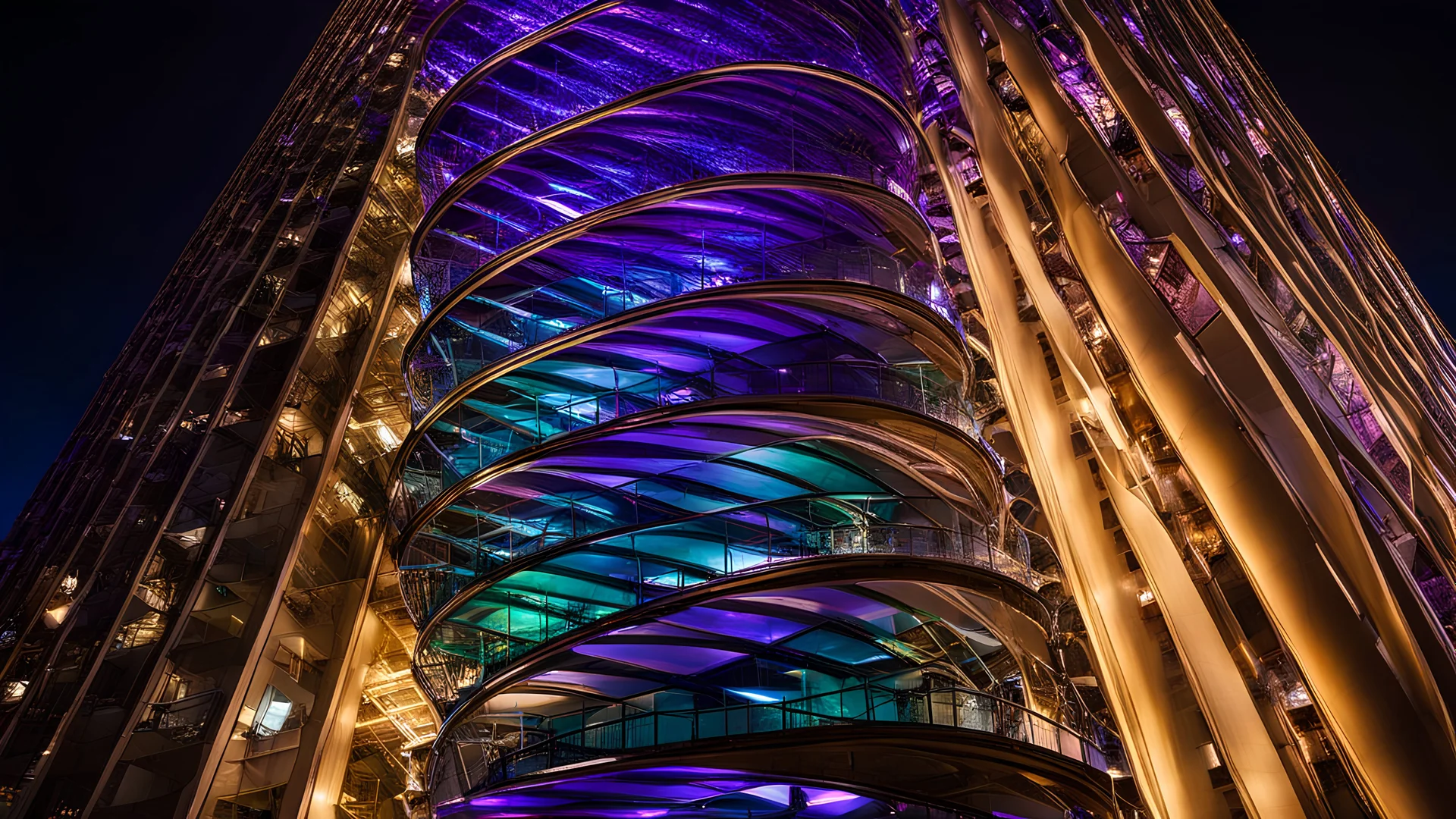 94614, delightful, sensitive, confident, iridescent double helix tower, delicate, nocturnal, architecture, award-winning photograph, beautiful composition, filled with beautiful detail, delicate colour, chiaroscuro