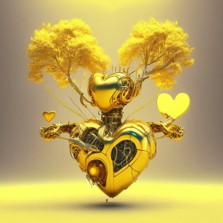 golden robot electric heart with tree wings