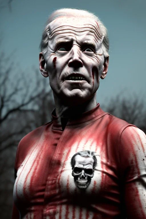 Ultra realistic image, joe biden zombie, zombie performance, skull, blood, torn arm, night, walking twisted, waist up view, thriller style, dark ambient, highly detailed, White House background, concept art, unreal engine 5, god rays, ray tracing, RTX, lumen lighting, ultra detail, volumetric lighting, 3d, finely drawn, high definition, high resolution.