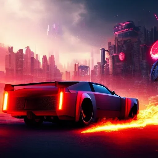 cyberpunk,landscape ,cars , cinamatic, highly detailed, close up, 4k , deep colours, gold , fire , red, purple,dark ,etheral , utopia , apocalypse, flying Cadillac, from outer space