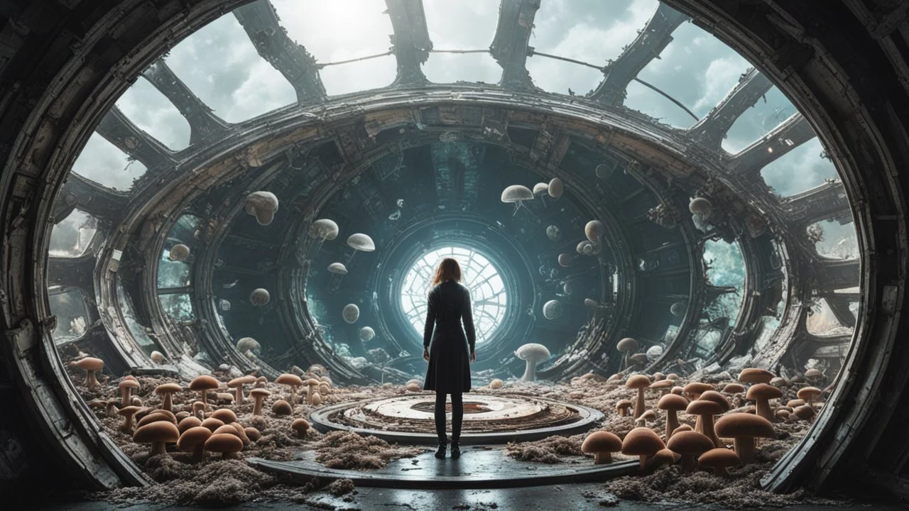 woman standing inside the interior of a ruined alien spaceship, with a circular window, overrun with mushrooms with jellyfish tentacles