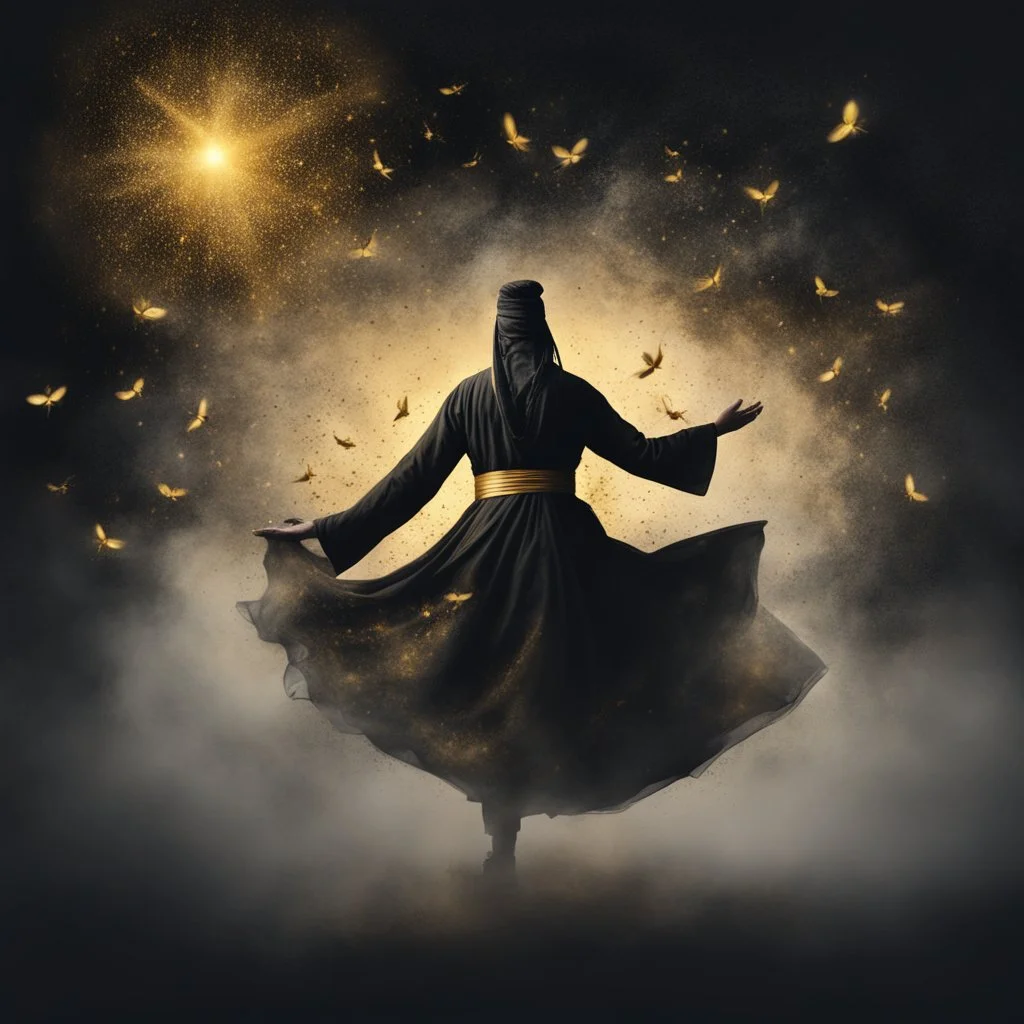 Hyper Realistic Sufi Whirling with black & Golden Islamic Sufi Rustic Grungy Background with heavy fog & fireflies at dark night