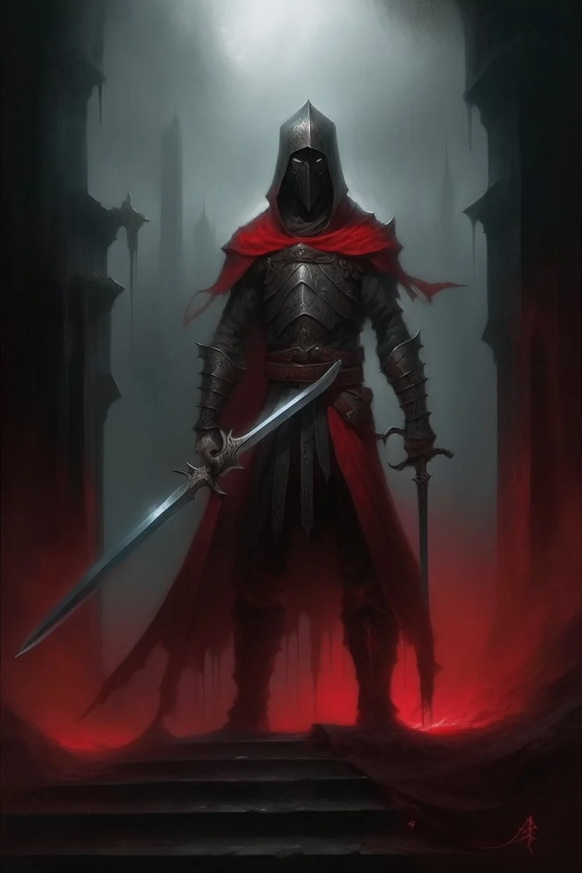 1970's dark fantasy cover dnd style oil painting of a sword hero with black outfit in the red dark fog with minimalist far perspective.