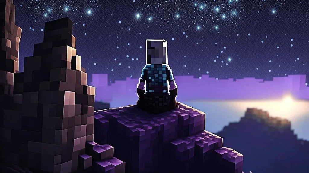 Minecraft Character, minecraft theme, purple starry sky, meditating, facing back, wearing gown, minecraft style, in between two cliffs,