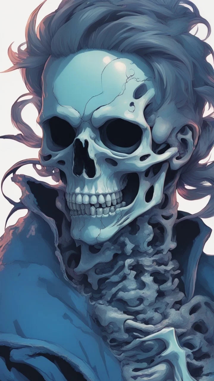 a close up of a person with a skull on their head, blue and black colors, anime skull portrait man, scary detailed art in color, hiroyuki-mitsume takahashi, nychos art aesthetic, half man half skeleton, anime cyberpunk art, colored manga art, rossdraws pastel vibrant, cold colors. insanely detailed, beautiful anime portrait, stunning anime face portrait, scary art in color
