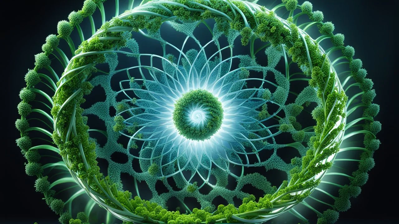 A genetically engineered plant emerges from a mesmerizing spiral, inspired by E. T. A. Hoffmann. This intricate 3D render depicts a fusion of primitivism and biochemistry, showcasing a fascinating blend of RNA bioweapons, xenobiology, and the morphing DNA helix. The image portrays a bioorganic concept of a mechanically evolved life form, born out of DNA experiments.