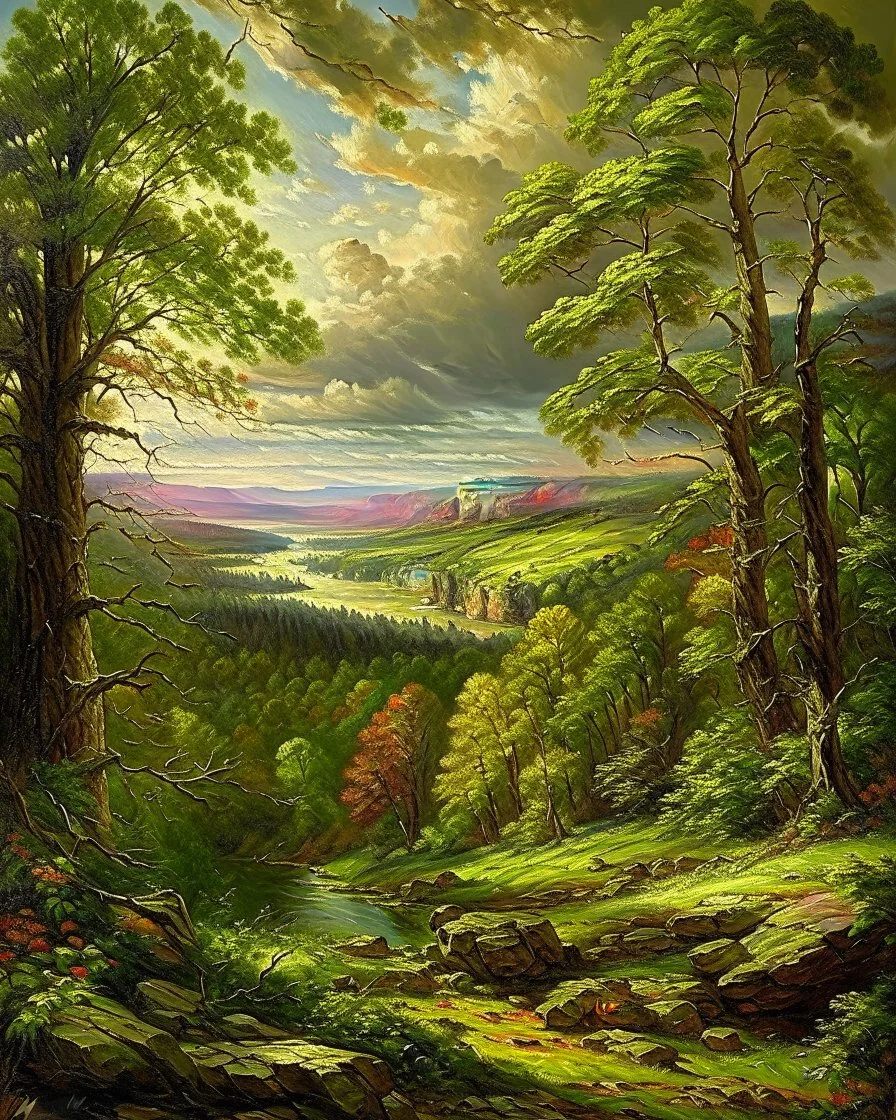 Prompt: Style: A monumental nineteenth-century American Romantic landscape painting inspired by the grand panoramic tradition of the Hudson River School. Luminous realism, masterful atmospheric perspective, refined glazing techniques, dramatic natural light, meticulous botanical detail, majestic wilderness, subtle oil textures, museum-quality fine art, celebrating the sublime beauty of untouched nature. Subject: The colossal giant sequoias of Sequoia National Park dominate the landscape, their