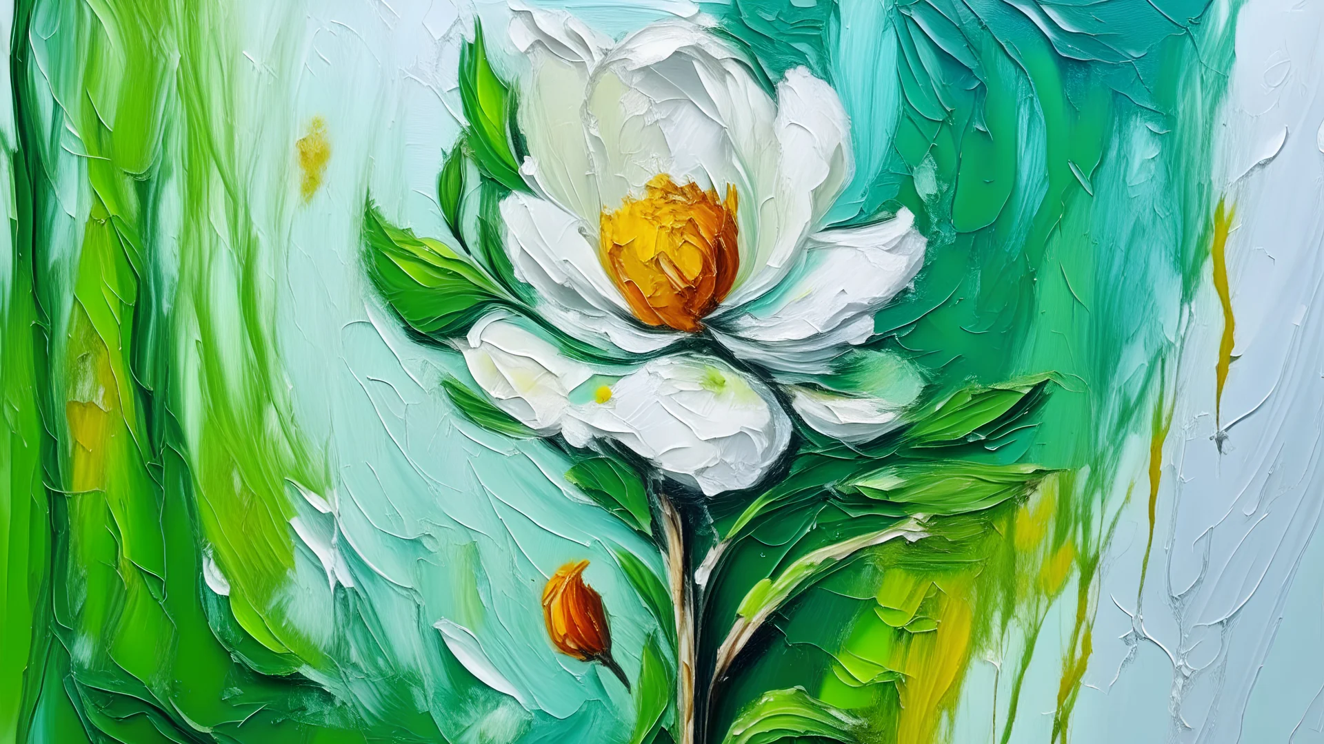 Ambrosia flower oil painting with knife technique on white and green background