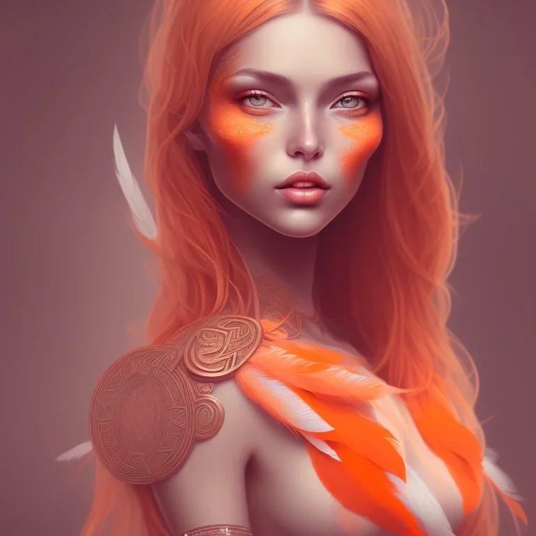 A beautiful portrait of a cute woman orange color scheme, high key lighting, volumetric light high details with white stripes and feathers and celtic paterns