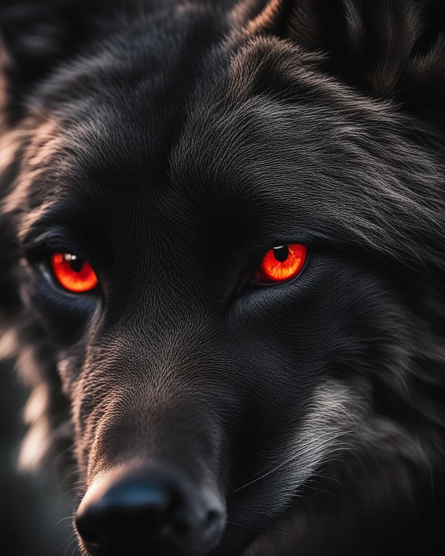 A captivating close-up image of a black wolf's eye, glowing bright red and filled with intense, wild intensity. The eye is framed by the wolf's black fur, and a sense of wild, untamed nature radiates from it. The overall atmosphere is mysterious and evokes a feeling of wild nature.