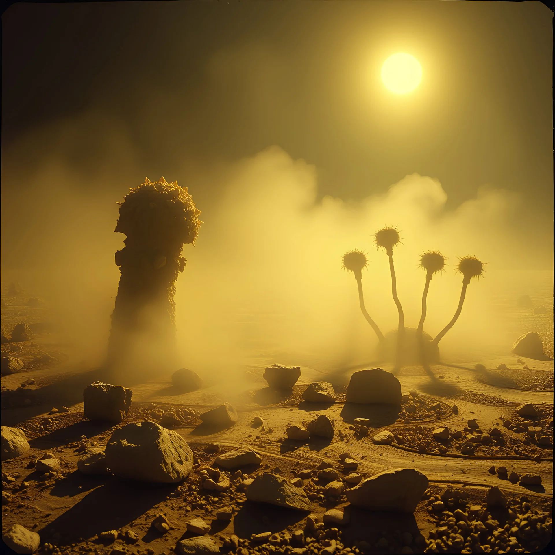 A striking quality Kodak photograph captures a wasteland with monsters and group of plants, creepy, details of the dust very accentuated, glossy organic mass, adorned with minerals and rocks. Bathed in intense light, eerie, Max Ernst style, black sun, fog