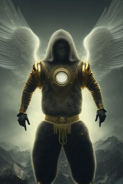 running berserker portrait , no face, black jogging suite , in the night Alps , holding coins , angels background, volumetric gold light, high detail, dark leaf tree, dark mountains in background, perfect, HR Giger style