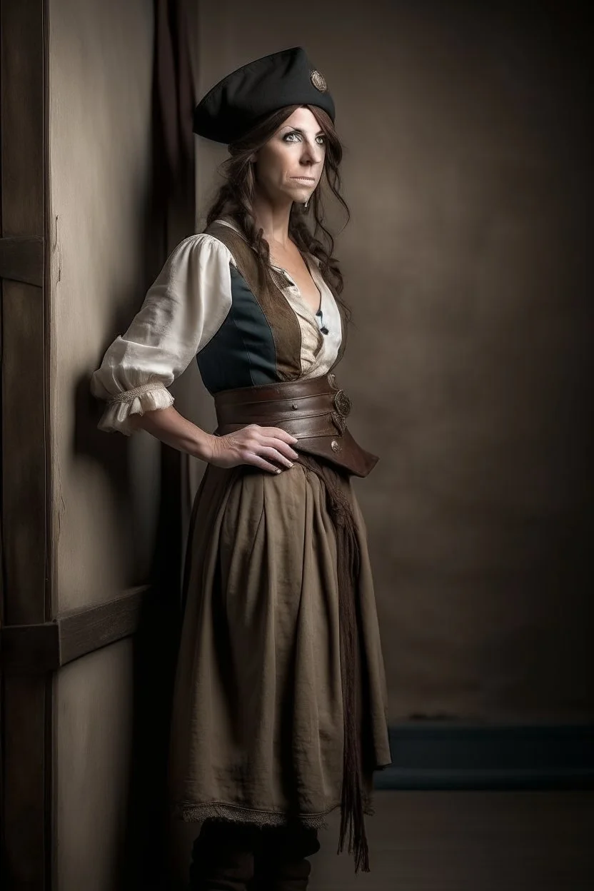 pirate woman with -cut dress leaning against the wall, realistic style, full figure frontal