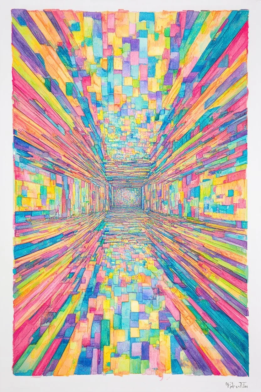 Warped Perspective; Cubic Surrealism; Ink with a pastel rainbow watercolor palette