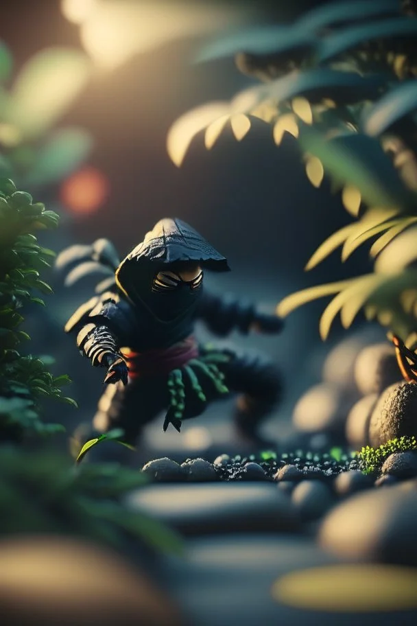 ninja tumbling garden, hi detail, 4k, clear focus, depth of field, color correction, studio quality, backlight