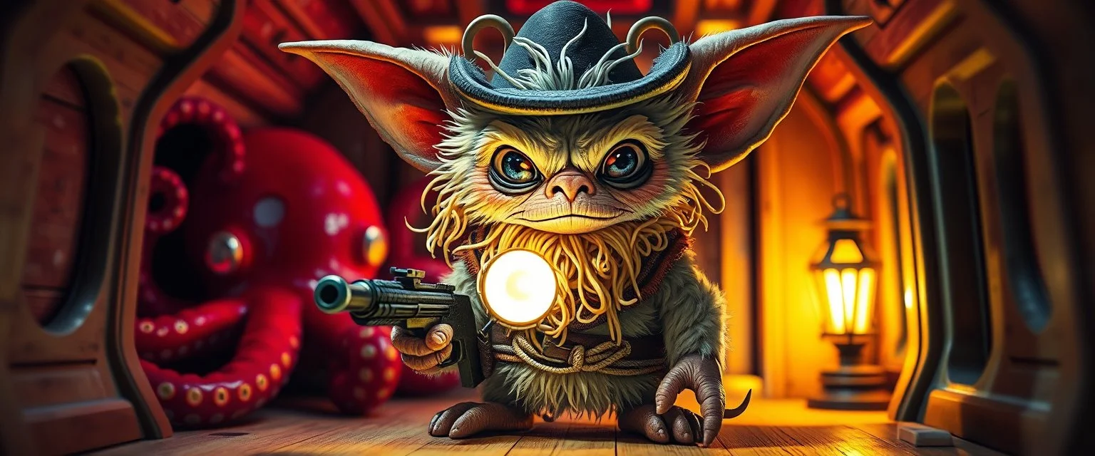 air brush 3d with pen outline,spaghetti boss gunslinger western fluffy elder gremlin edgy hero with slightly glowing eyes in front of glistening space octopi, shallow depth of field, warm lantern, pin hole cam in doll house space ship, bottom floor board edge border