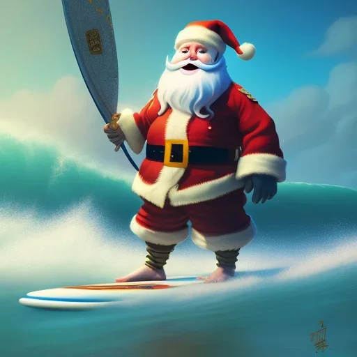 Santa standing of surfboard surfing a big wave, surfboard, beach, character design by cory loftis, fenghua zhong, ryohei hase, ismail inceoglu and ruan jia. unreal engine 5, artistic lighting, highly detailed, photorealistic, fantasy