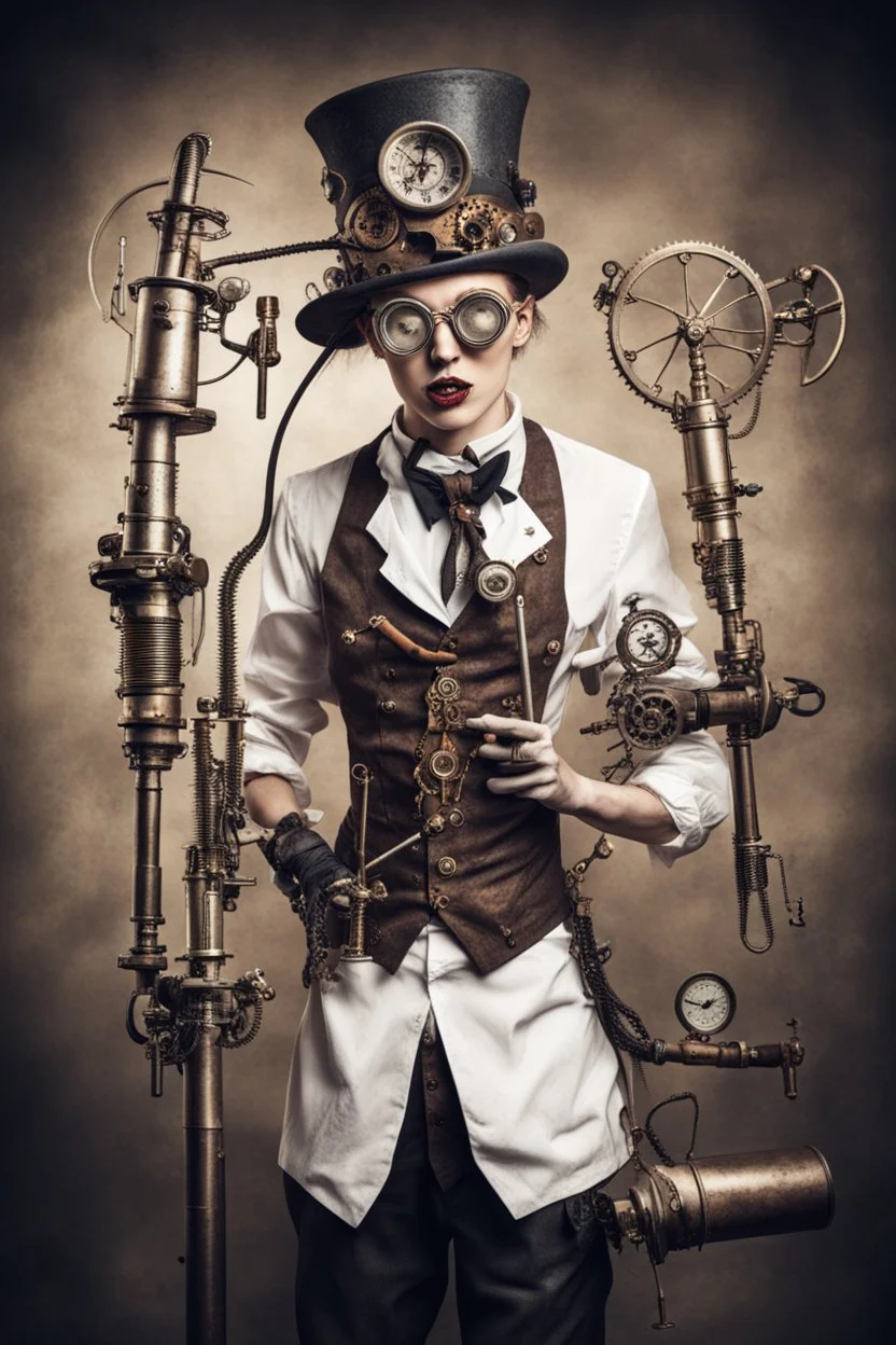 Crazy laboratory assistant with sickles in steampunk style