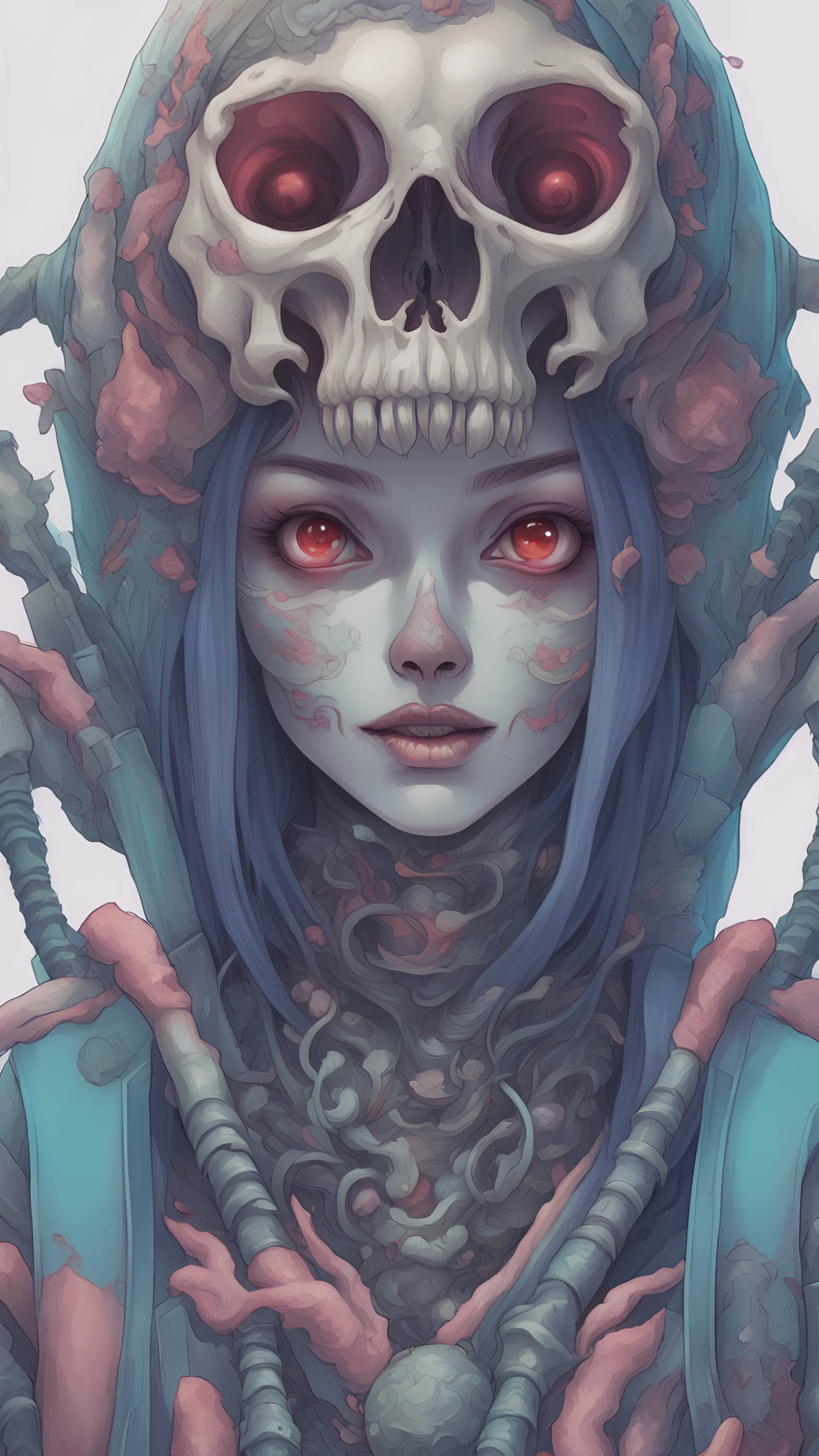 a close up of a person with a skull on their head, anime skull portrait woman, scary detailed art in color, hiroyuki-mitsume takahashi, nychos art aesthetic, half woman half skeleton, anime cyberpunk art, colored manga art, rossdraws pastel vibrant, cold colors. insanely detailed, beautiful anime portrait, stunning anime face portrait, scary art in color