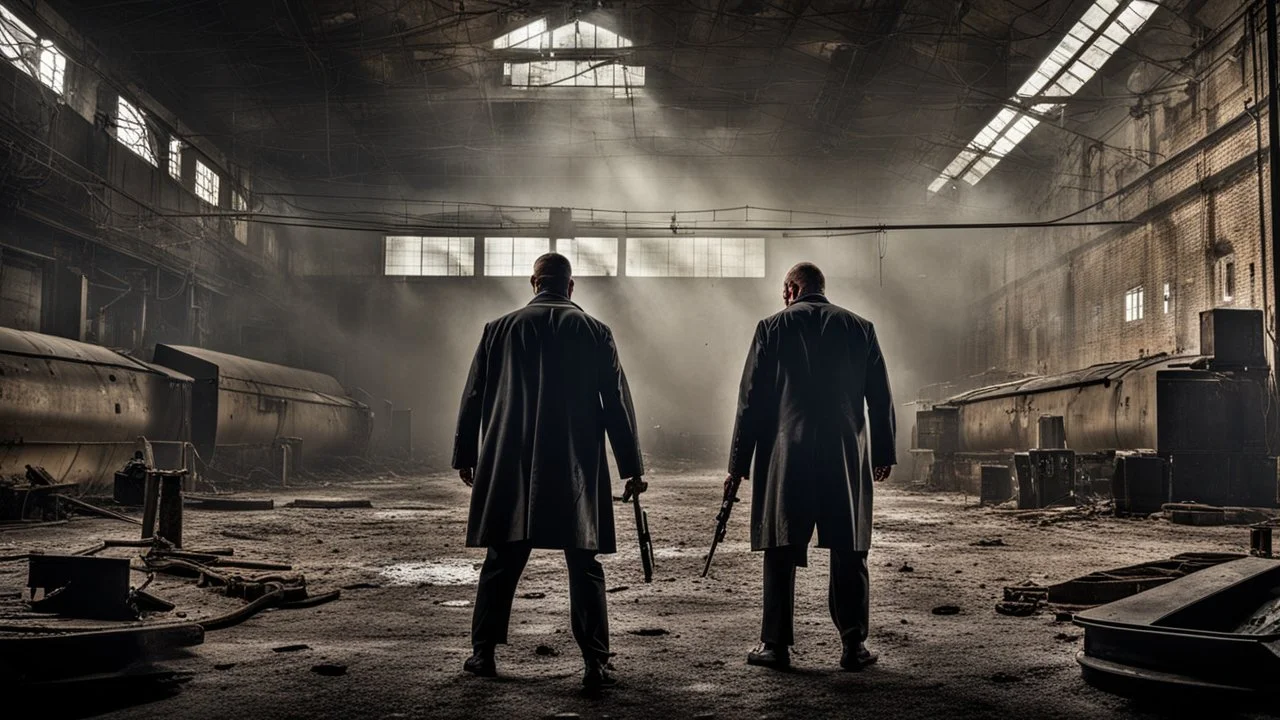 showdown in the old factory, a meeting two criminal gangs in an industrial setting, a long-closed factory, high ceiling, huge metal tanks, hanging chains, dirty objects, dust, in the dim light, broken large glass windows, scary place, background a man lies down , murder, shadows, slanted light, a Eerie place abandoned for many years, thriller-like depiction, dark colors, black, dark blue, gray, metallic colors, sharp focus, detailed image, creepy atmosphere, thriller