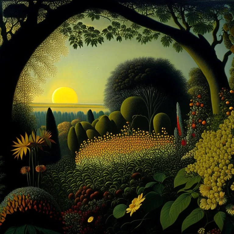 High definition photography of a marvelous landscape, trees, flowers, sun, intricate, atmosphere of a Max Ernst painting, Henri Rousseau, thoughtful, interesting, a bit appalling, smooth