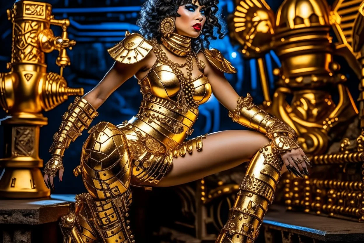 Cleopatra, with a bob hairstyle, in a steampunk setting, gold boots, in a fighting stance