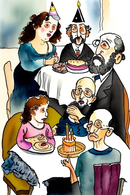 Jewish family is sitting at a table with a birthday cake. Watercolour