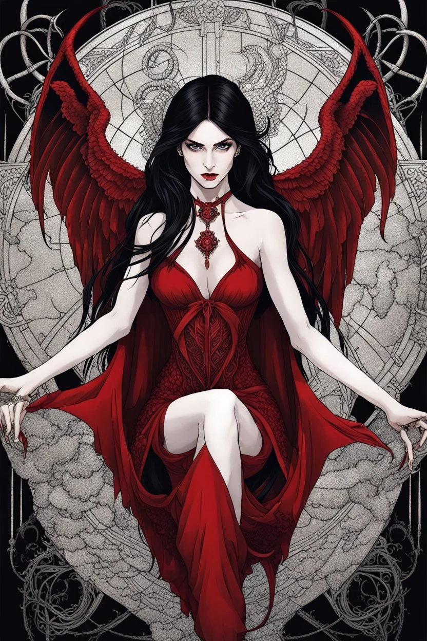 Daughter of Lilith, beautiful, wild woman, stunningly terrifying and powerful personality, with black wings in a red dress, long, dark hair with suggestive dark eyes, wonderful, ancient woman, a demonic woman who controls with her strength, power, sharp focus, high detailed, high realistic, master photo, pale lights, deep night, eerie atmosphere, gothic, dark mystic atmosphere, stunning, masterpeace, cinematic, master photo