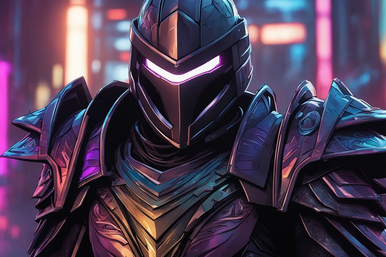 Shredder machine in 8k solo leveling shadow artstyle, sombra them, close picture, rain, Shredder helmet, neon lights, intricate details, highly detailed, high details, detailed portrait, masterpiece,ultra detailed, ultra quality