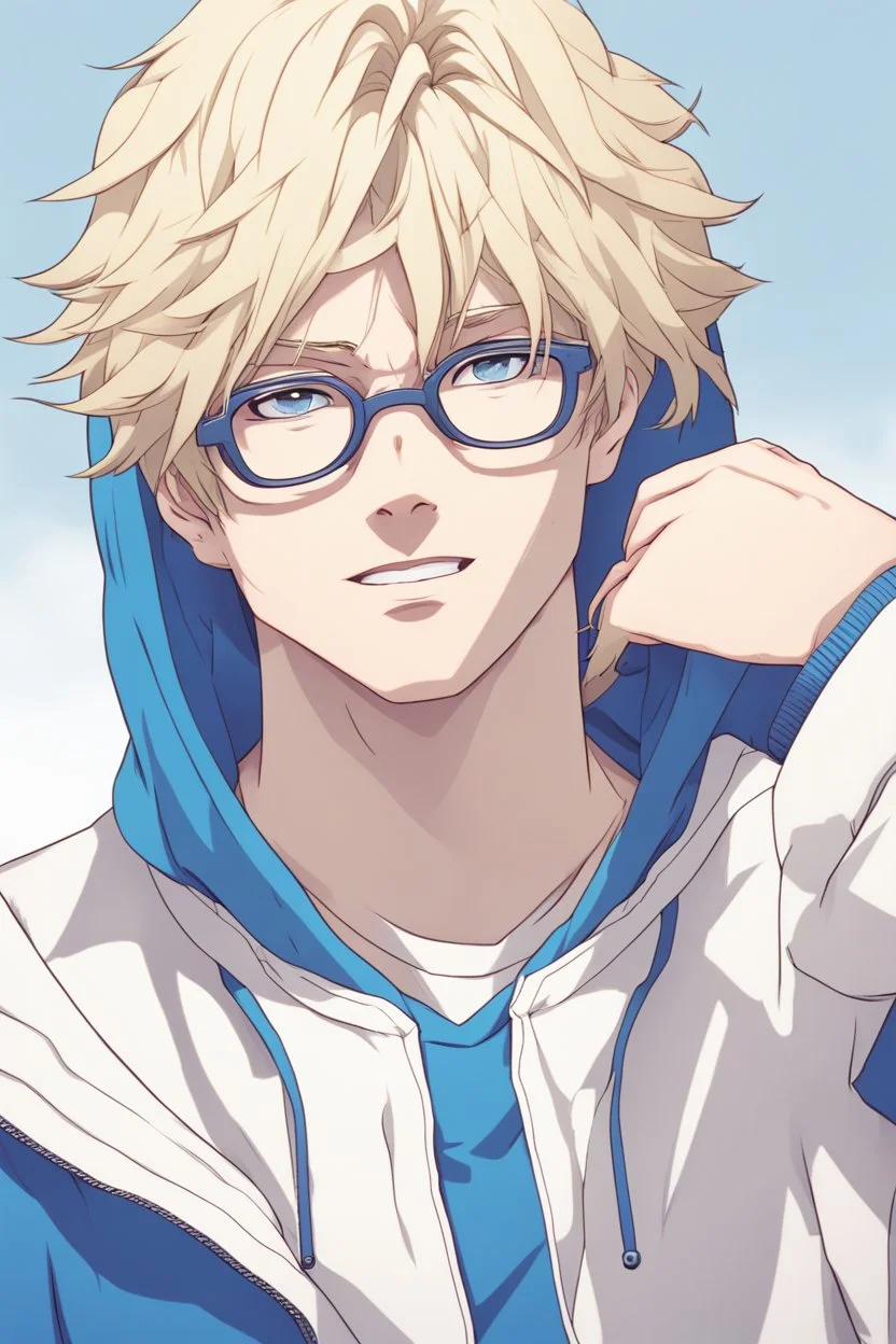 Blonde anime Otaku man in a blue hoodie with glasses