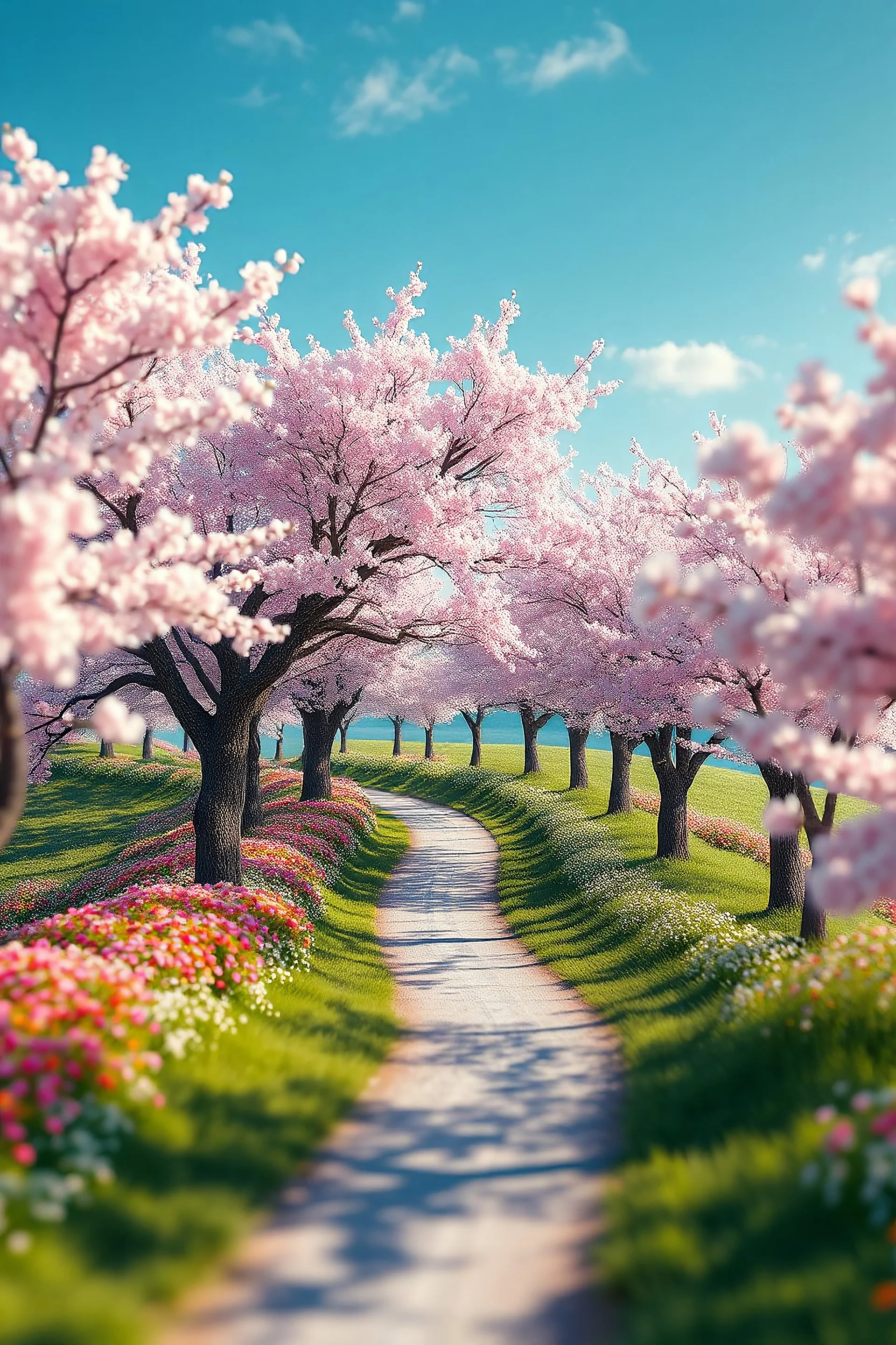 3d holographic editorial photo, A beautiful fairytale landscape, detailed, trees and sakura flower blooming along a road , fantasy, colorful flowers, green grass, soft, pretty visuals, aesthetic, artstation, shadow effect, insanely detailed and intricate, photorealistic, highly detailed, artstation by wlop, by artgerm, art by tom bagshaw, atey ghailan, andrew atroshenko, stanley artgerm.. , yellow , purple