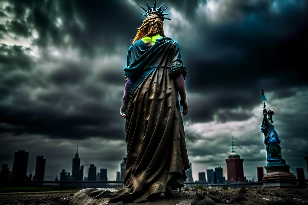 the statue of liberty, dress dirty and torn, her face solemn and terse, trash littered at her feet, she holds a crumpled american flag, she walks away with back turned under a dark and dreary sky, wide angle