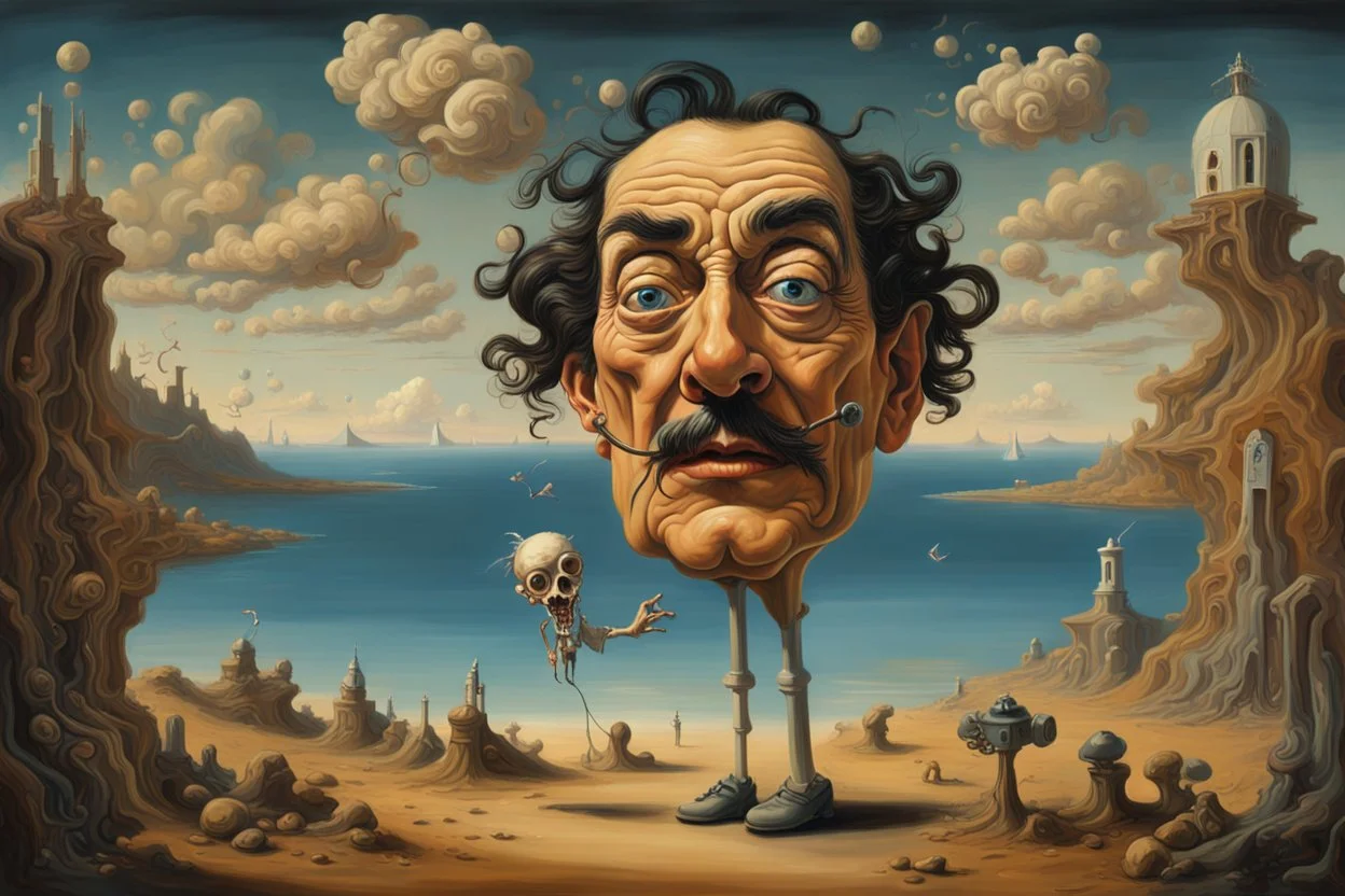 The painting of Salvador Dali in the style of grotesque caricatures, hyperrealistic landscapes, #pixelart, richly detailed genre paintings, time-lapse photography, haunting structures, zombiecore , in the style of quirky figurative ian spriggs paul barson comical figurative jim lively.