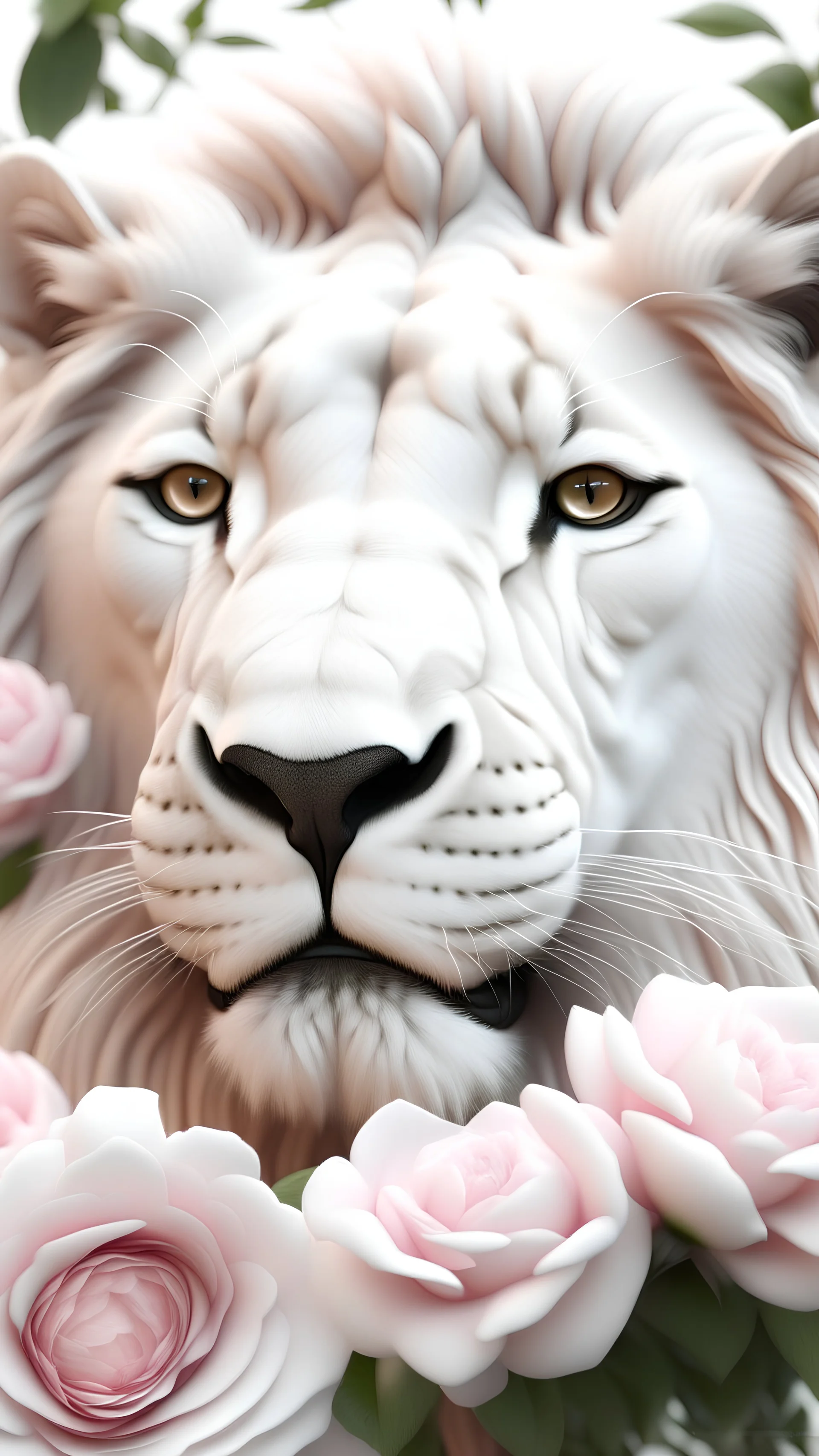 realistic white lion headshot in soft pink roses