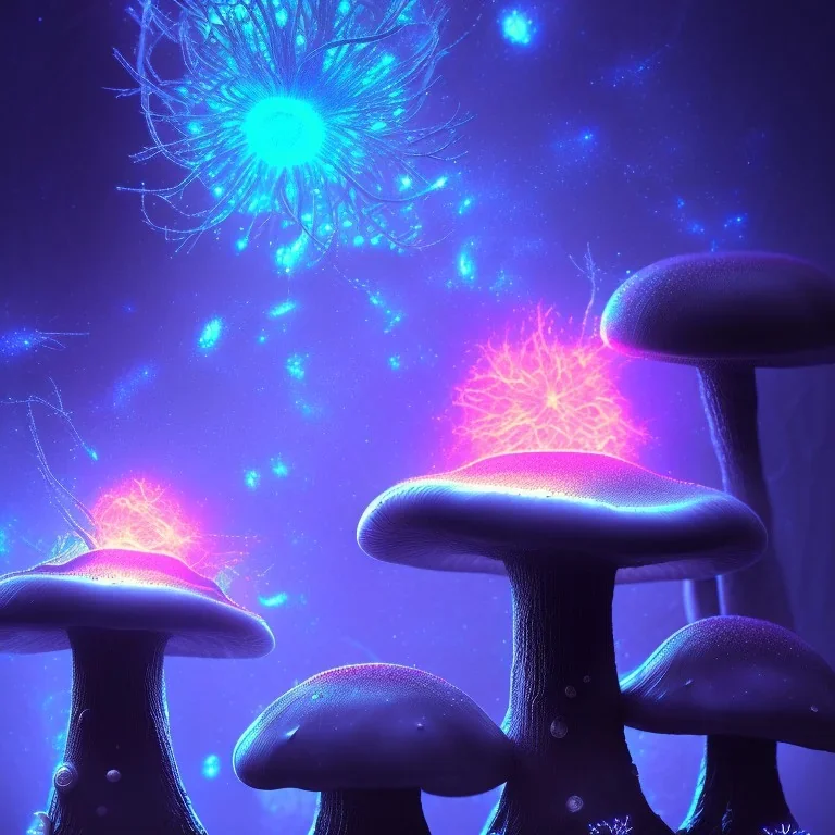 Spherical Frost metal magic armoured lightning glowing Mycelium MUSHROOM stars galaxy SPACE lANDSCAPE BURNING IN BLUE FLAMES hellfire abyss math chaos vivid cell