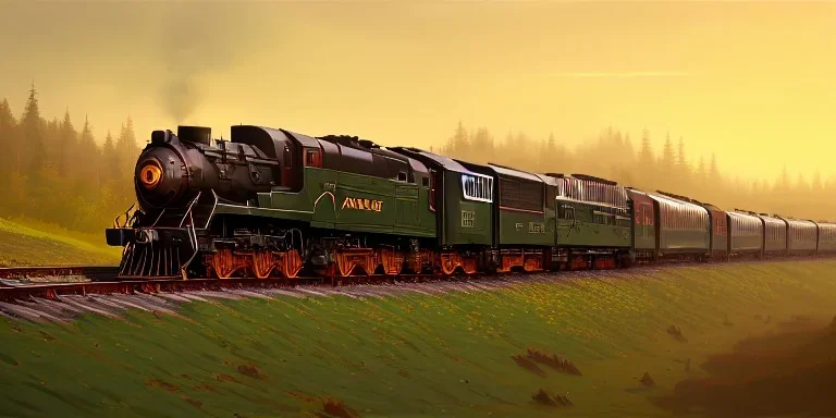 derelict trains stacked on top of each other in the forest, covered with vines, plants, cogs, gears; autumn, epic lighting, cinematic, brilliant, stunning, intricate, meticulously detailed, dramatic, atmospheric, maximalist, digital matte painting, mysterious, ominous, crepuscule, sharp focus; Moebius; golden hours