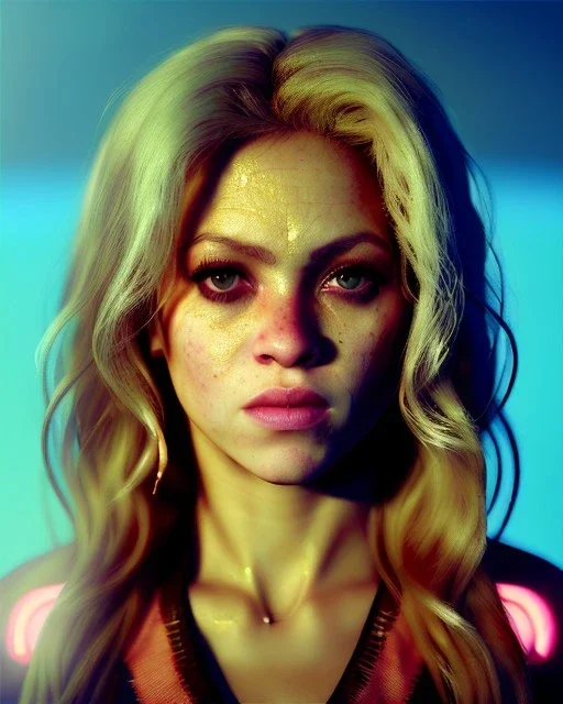 portrait, Shakira, blonde artist, angry, Realistic image, MMA robe, hoodie, mma gloves, loose long hair, eyes make up, gold line make up, moisture, sweat, fog, goddess, Neon colors, leds. Black background, photo studio, concept art, smooth, unreal engine 5, god lights, ray tracing, RTX, lumen lighting, ultra detail, volumetric lighting, 3d, finely drawn, high definition, 4k.